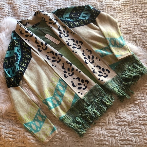 Anthropologie Gypsy05 Aruna Intarsia Drape Knit Fringe Cardigan - Picture 2 of 9